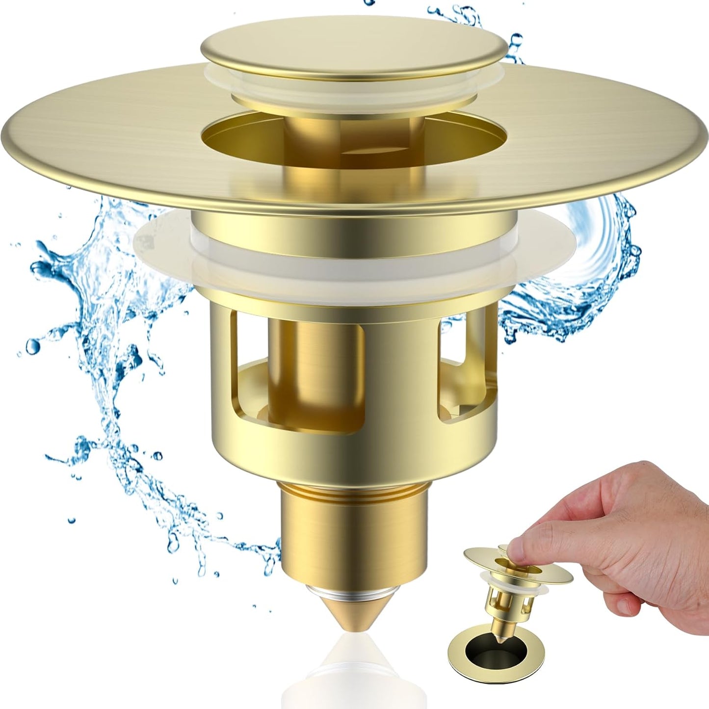 Hibbent All Metal Universal Bathroom Sink Stopper for 1.1''~2.3'' Basin, Pop Up Sink Drain Strainer, Brass Bullet Core Push Type Stopper, Stainless Steel Anti Clogging Drain Filter, Brushed Gold