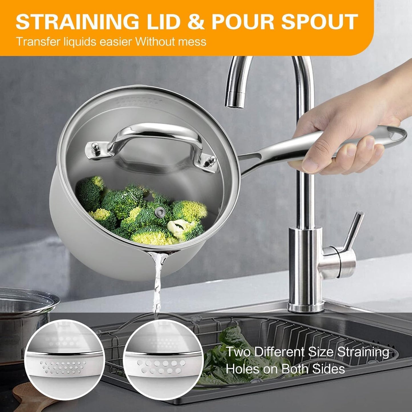 Tri-Ply Stainless Steel Sauce Pan with Steamer Basket & Straining Glass Lid — Heavy-Duty,Thick Base,Rust-Resistant,Warp-Free —100% Food-Grade —Built to Last– Works with All Stovetops, Pasta Pot 2.5 QT