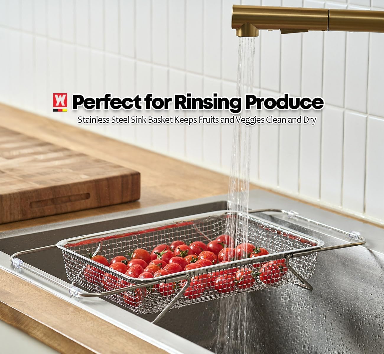 Extendable Dish Rack with Feet, Vegetable Colander Basket, Stainless Steel Dish or Silverware Drying Rack, Ultimate Kitchen Organizer Over The Sink (11.81 x 8.27 x 2.76 Inches)