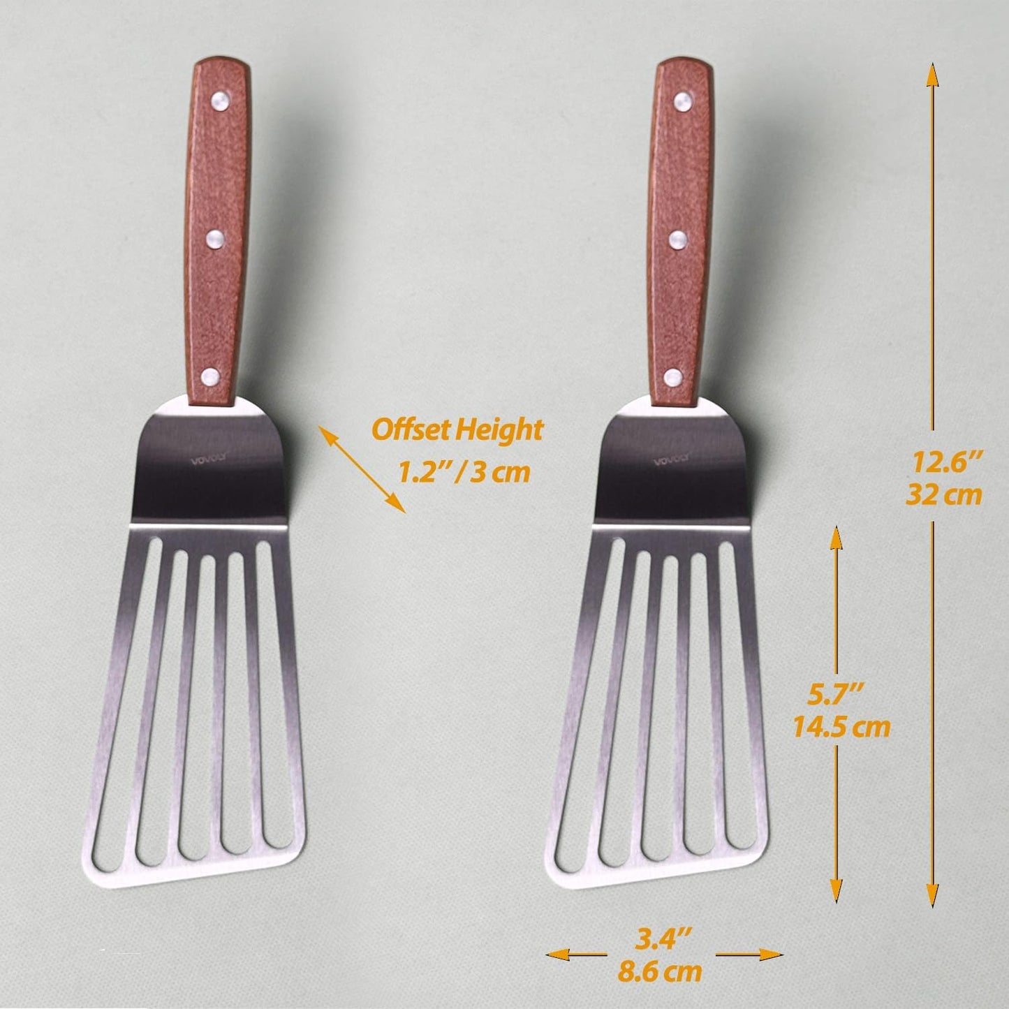 2 Pack Offset Fish Spatula Turner, Stainless Steel Slotted Spatulas for Flipping, Turning, Frying & Grilling, Offset Metal Slotted Spatulas, Wooden Full Tang Handle