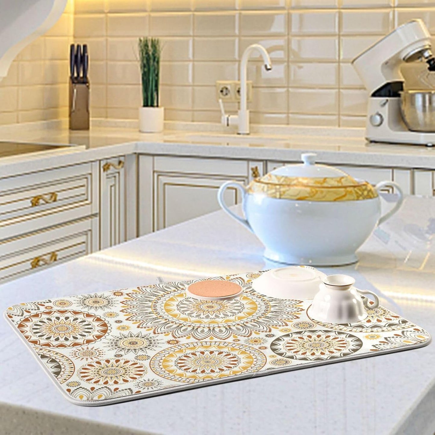 Mandala Ethnic Bohemian Ornament Dish Drying Mat for Kitchen Counter Absorbent Microfiber Drying Pad, Large 18x24 in, Reversible Drainer Mats