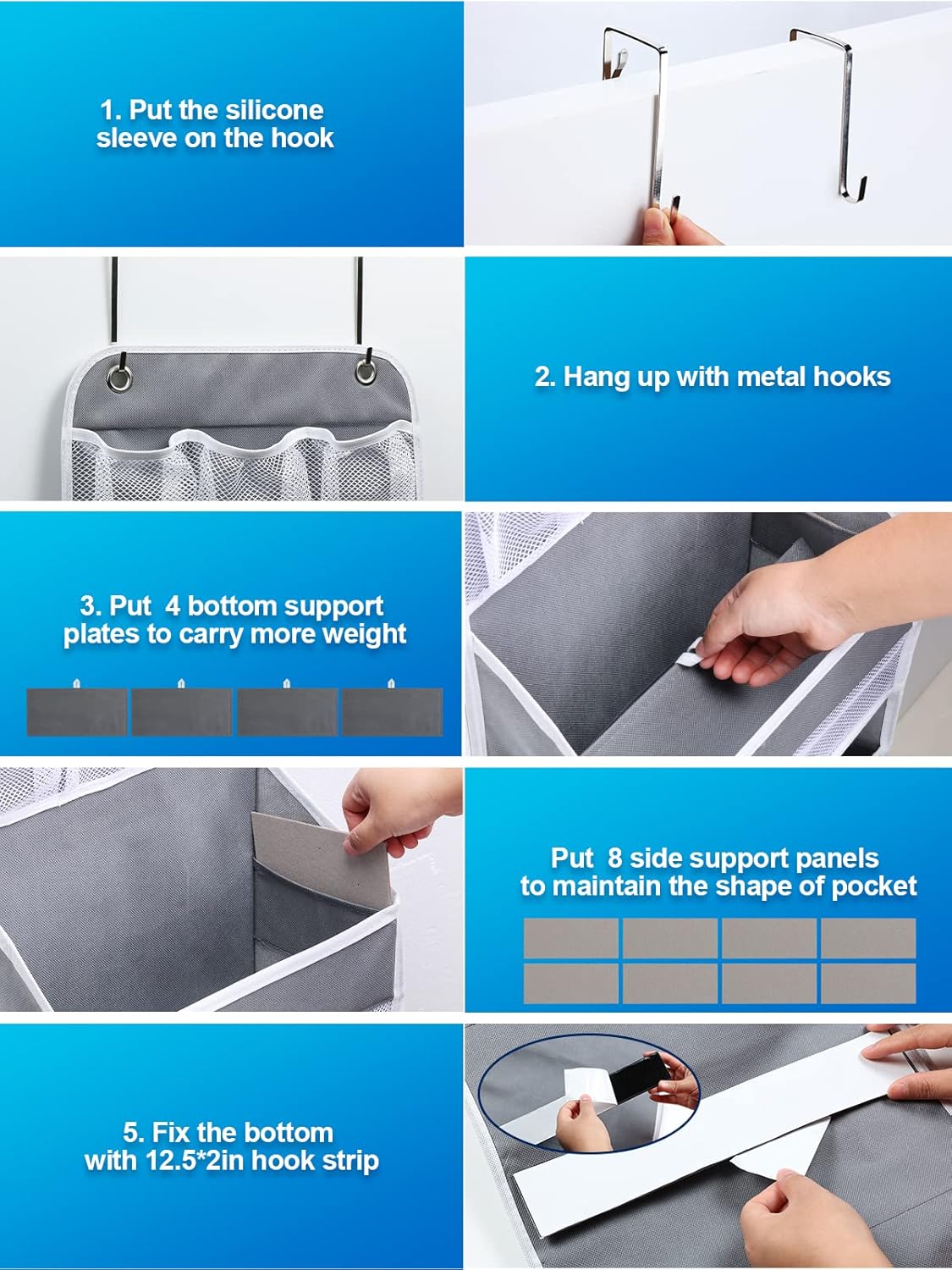 2 Pack Over The Door Organizer, Hanging Storage Organization with Large Capacity Pockets, Swing-Proof Behind Door Storage Shelf for Kicthen Bedroom Nursery Kids Toys Shoes, Grey