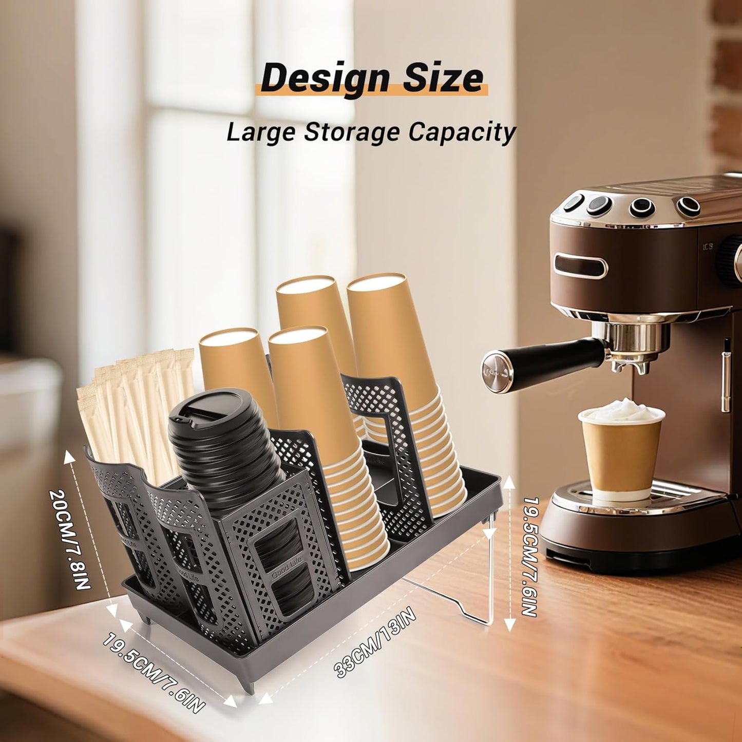 6 Slots Coffee Cup Holder for Countertop - Disposable Cup Holder with Foldable Stand, Paper Cup Dispenser with Mesh Baske for Coffee Station, Bar, Office, Home, Restaurant, Black