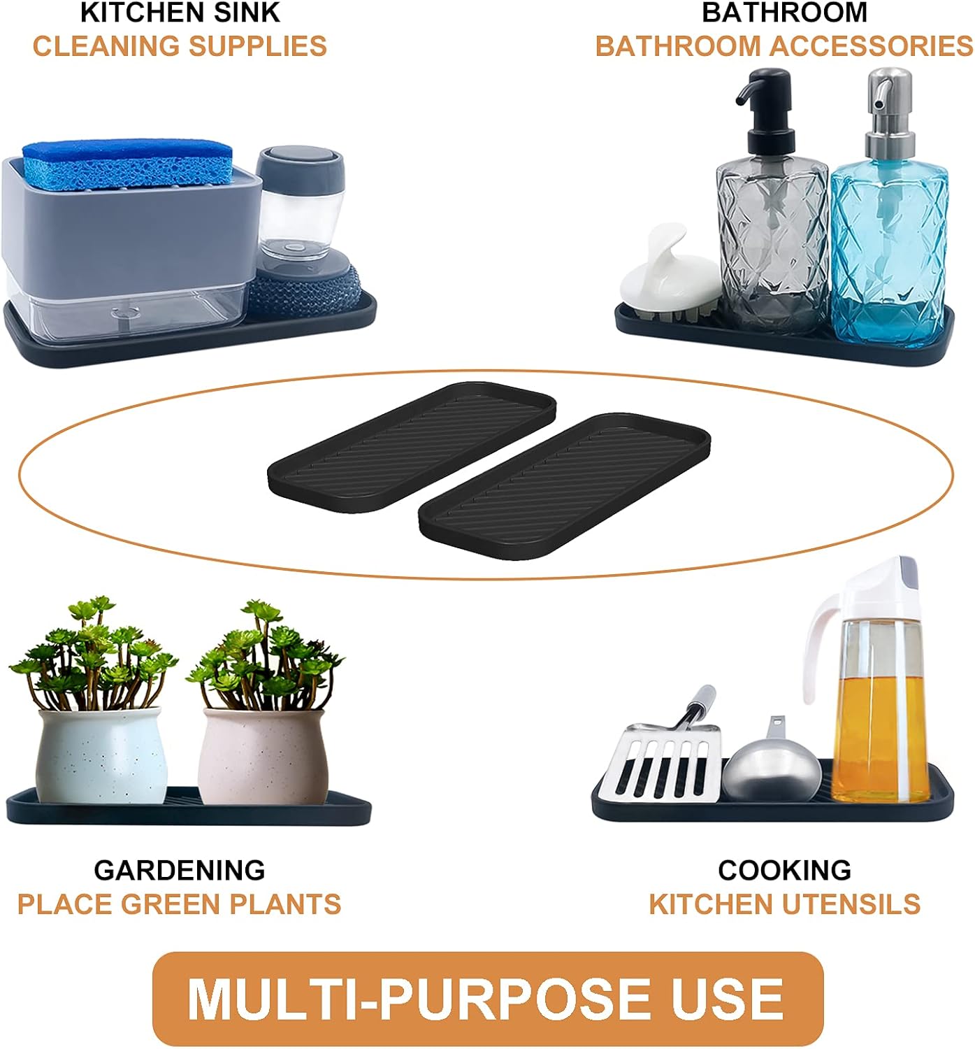 Silicone Organizer Tray, Soap and Sponge Holder for Kitchen Sink, Bathroom - Storage Tray for Dish Brush, Soap Dispenser, Dishwashing Accessories- 2 Pack (Black)