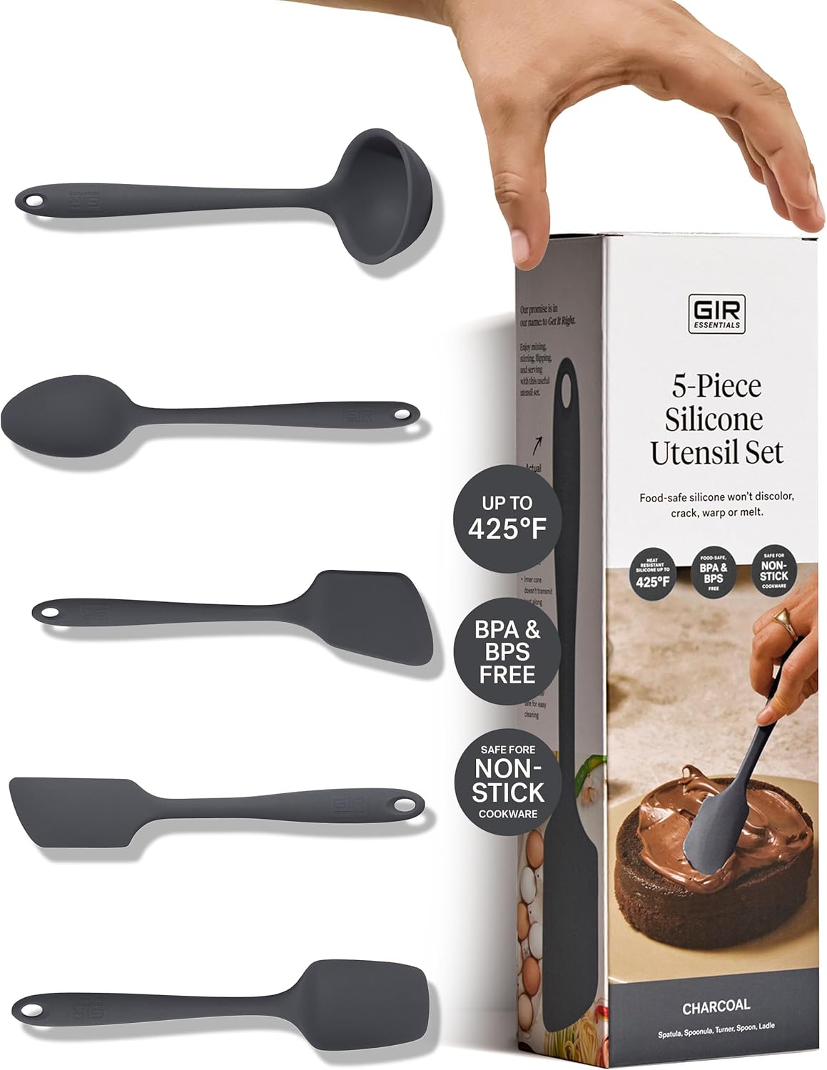 GIR: Get It Right 5 Piece Silicone Essentials Kitchen Utensils Set - Ladle, Spatula, Flip, Spoon & Spoonula - Non-Toxic Cooking Utensils for Nonstick Cookware, Cooking and Baking - Charcoal