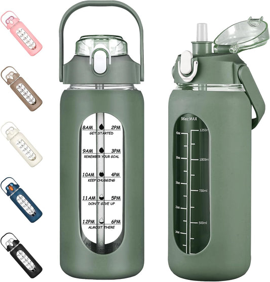 kytffu 56oz Glass Water Bottles with Straw, Motivational Glass Bottle with Silicone Sleeve and Time Marker, Leakproof Large Glass Water Jug for Gym Home Office,Olive
