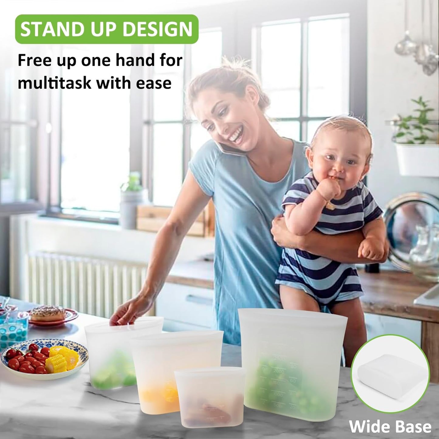 Reusable Storage Bag, 8 Pack 100% Silicone Food Storage Bags Stand Up Zip Lock Bags for Food, Freezer Microwave Oven Dishwasher Safe, 2 X-Large(0.8 Gallon) 2 Medium 2 Small 2 X-Small, Translucent