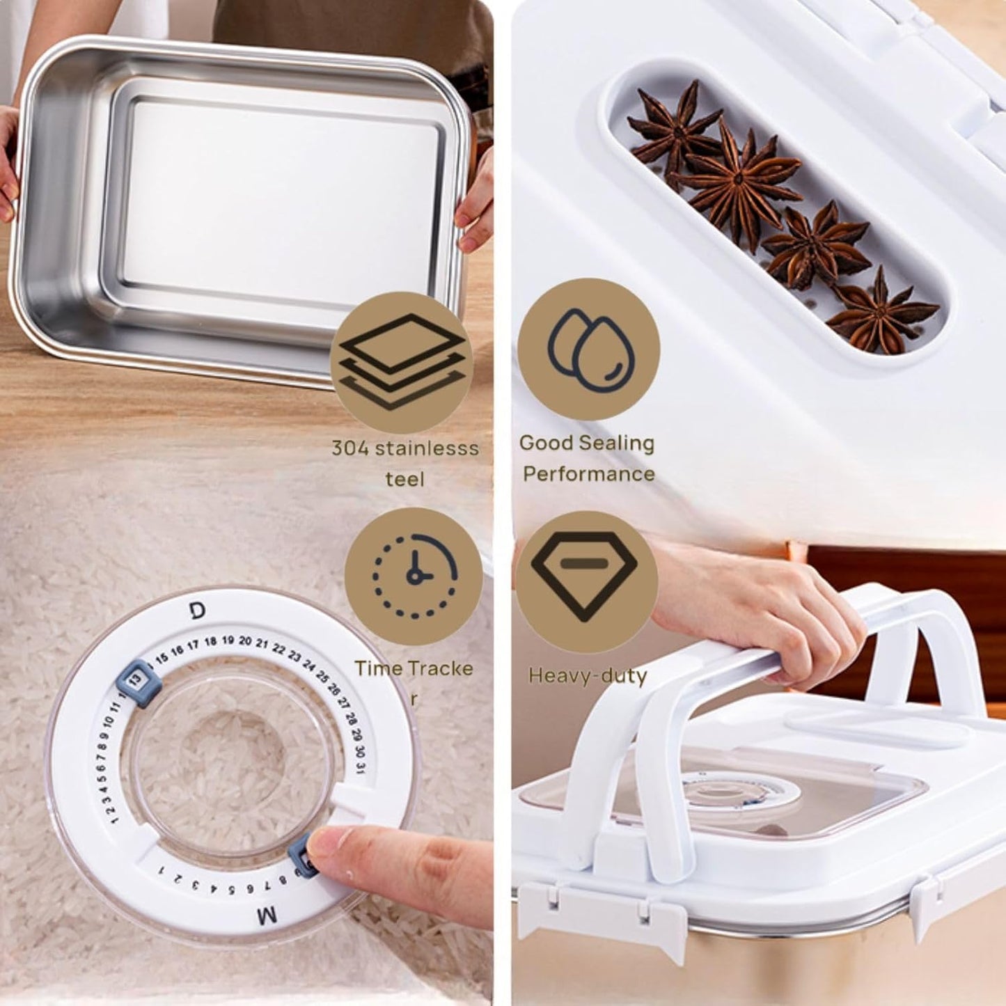 Saim Rice Storage Container Bin, 20lb Stainless Steel Food Storage Containers with Silicone Lid, Measuring Cup, Spoon, Rice Dispenser for Flour, Sugar,and Baking Supplies