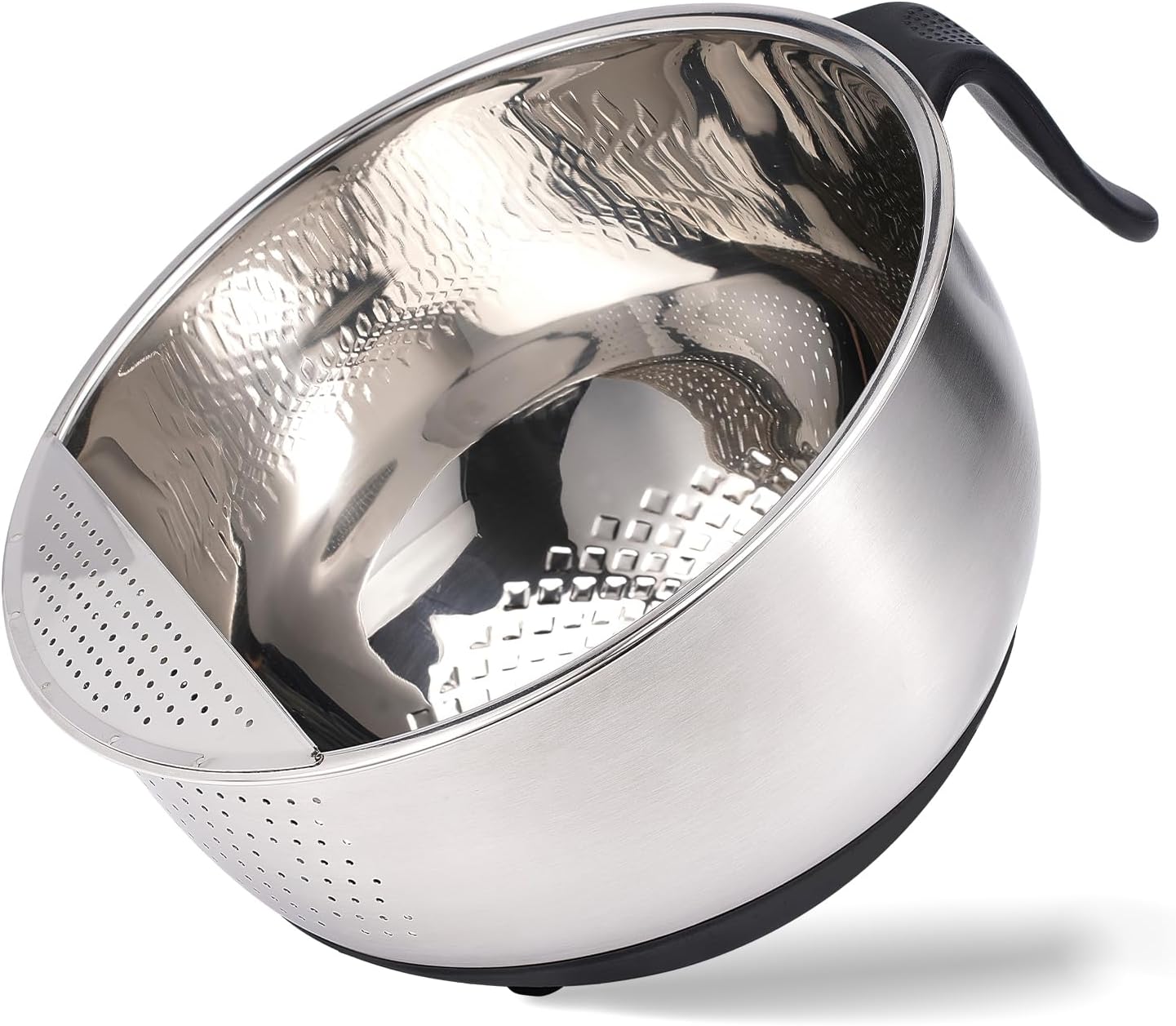 Rice Strainer Bowl Quinoa Washer whit Handle Stainless Steel Colander Versatile Side Drainers for Washing Cleaning Rinsing Fruits, Vegetables, and Beans - Tilting Non-slip Silicone Bottom