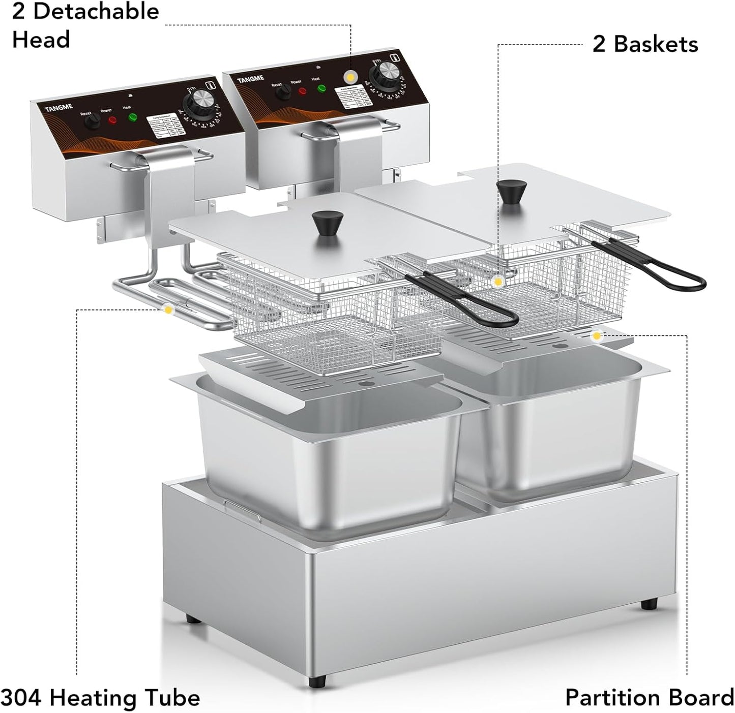 Commercial Deep Fryer with Baskets 20.7Qt Dual Tank Upgraded Electric Countertop Fryer Heavy Duty 1mm Thickened Stainless Steel Deep Fryers, 120V, 3600W, UL Certified