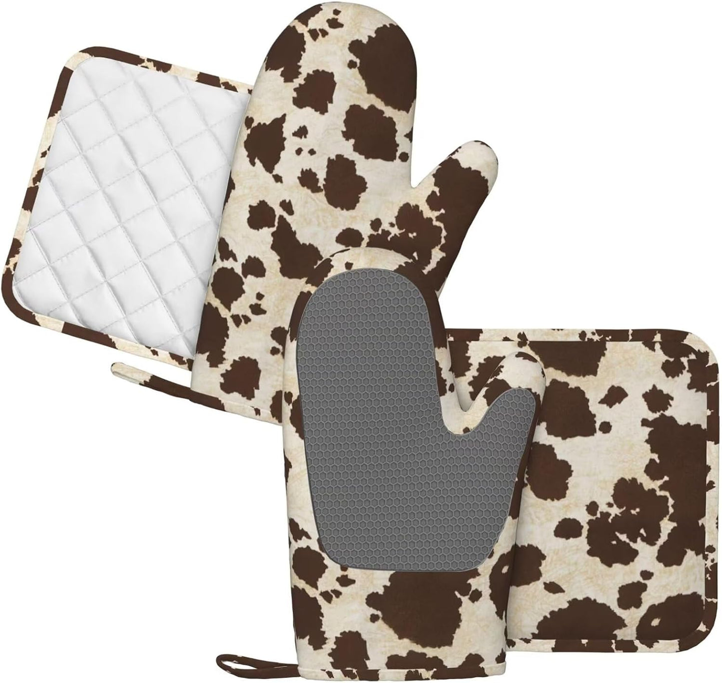 Brown Cowhide Oven Mitts and Pot Holders Sets Silicone Brown Cow Print Kitchen Mitts Cowhide Skin Pattern Potholders Heat Resistant 4Pcs Oven Gloves Hot Pads for Kitchen Baking Cooking