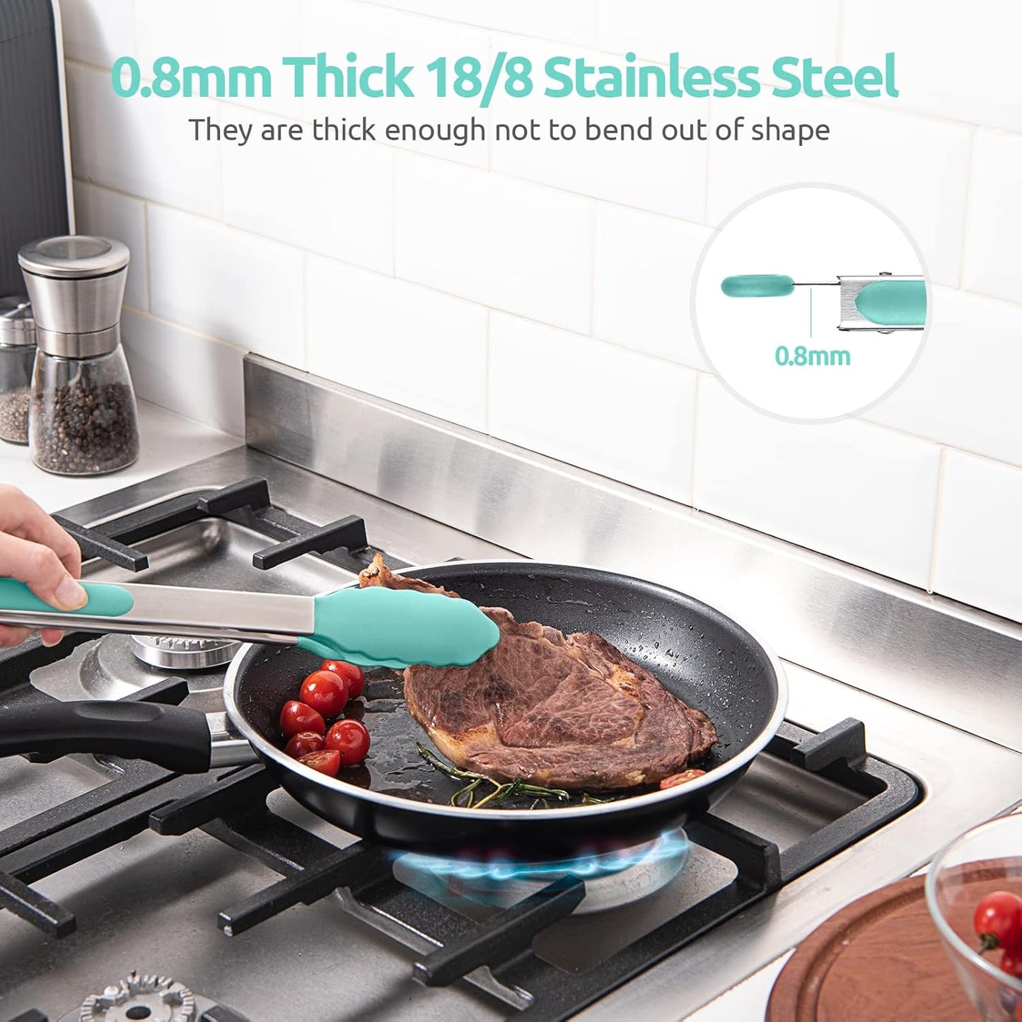 600ºF Heat Resistant Kitchen Tongs: U-Taste 12 in Large Silicone Cooking Tong with Sturdy Non Stick Rubber Tips & Silicon Coated 18/8 Stainless Steel Handle & Smooth Locking for Serving Grill-Aqua Sky