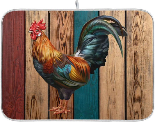 Rooster Dish Drying Mat for Kitchen Counter Farmhouse Absorbent Microfiber Drying Pad, Medium 16x18 in, Reversible Drainer Mats