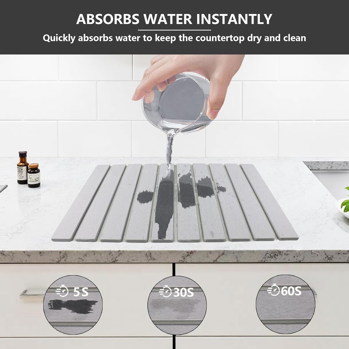 Large Stone Drying Mat for Kitchen Counter Diatomaceous Earth Collapsible 24”（L）*16”（W）Super Heat Resistant Mats, Quick Absorbent Dish Drying Rack（Dark Gray）