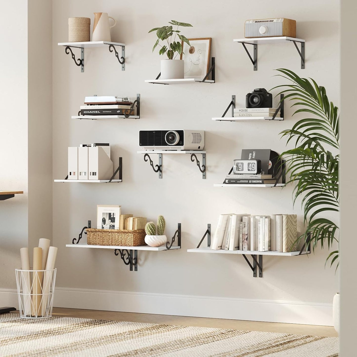 DINZI LVJ Deep Floating Shelves, 16 W x 12" D Wall Shelves Set of 2, Wide Display Shelf Wall Mounted with Brackets, Easy-to-Install Floating Bookshelf for Living Room, Bathroom, Bedroom, White