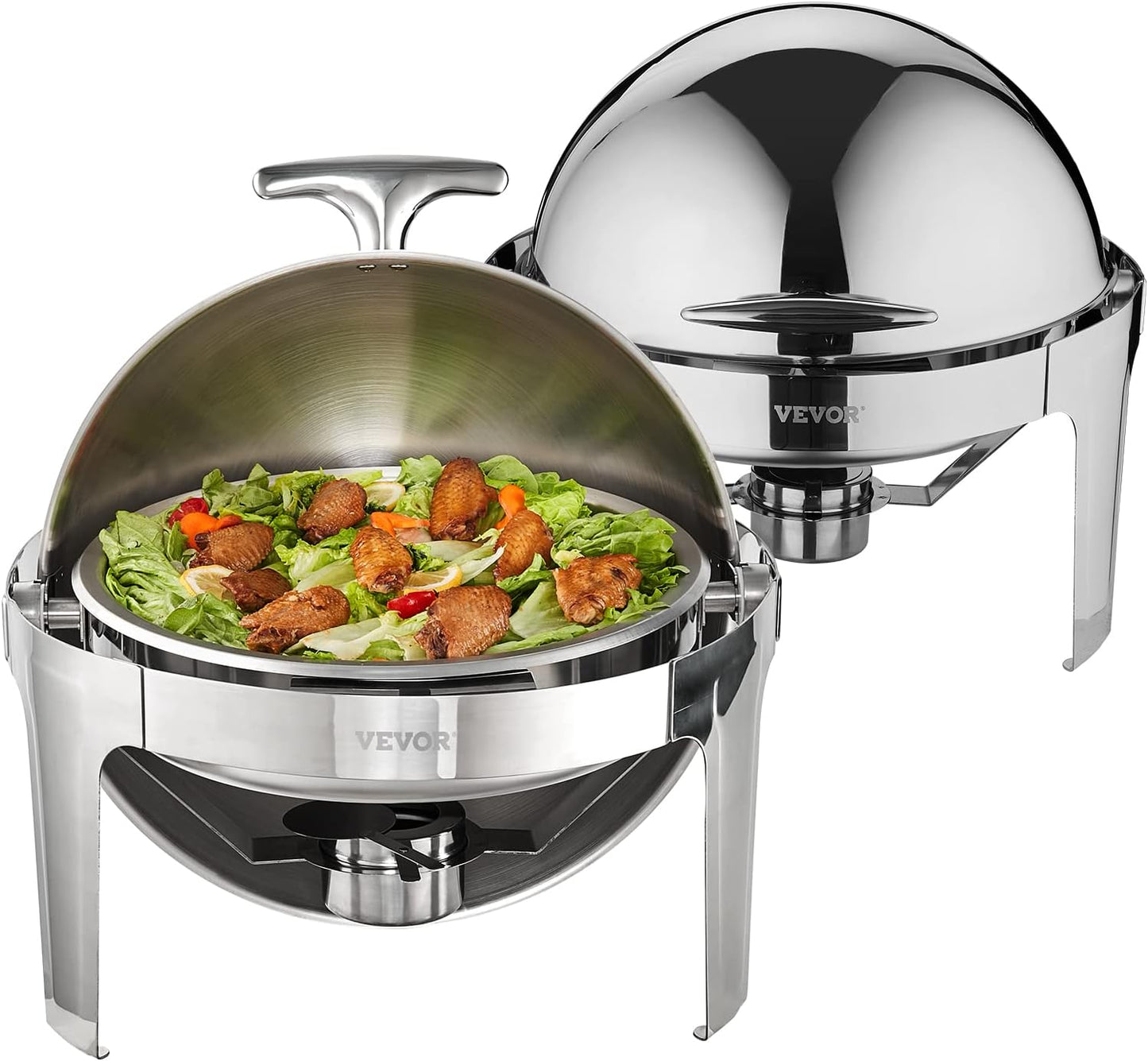 VEVOR Roll Top Chafing Dish Buffet Set, 6 Qt 2 Pack, Stainless Steel Chafer with 2 Full Size Pans, Round Catering Warmer Server with Lid Water Pan Stand Fuel Holder, for at Least 5 People Each