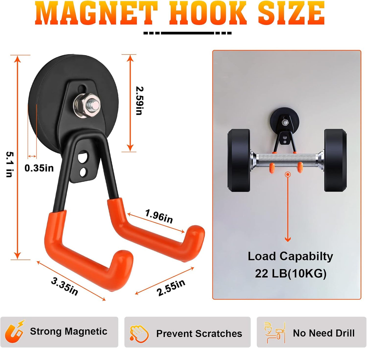 Large Magnetic Hooks Heavy Duty Magnetic Garage Hook,4 Pack Magnet Hooks with Anti-Slip Coating, Strong Storage Utility Magnetic Hook fo Metal Cabinet,Pegboard,Garage Shelve,Garden Tools(Orange,M)