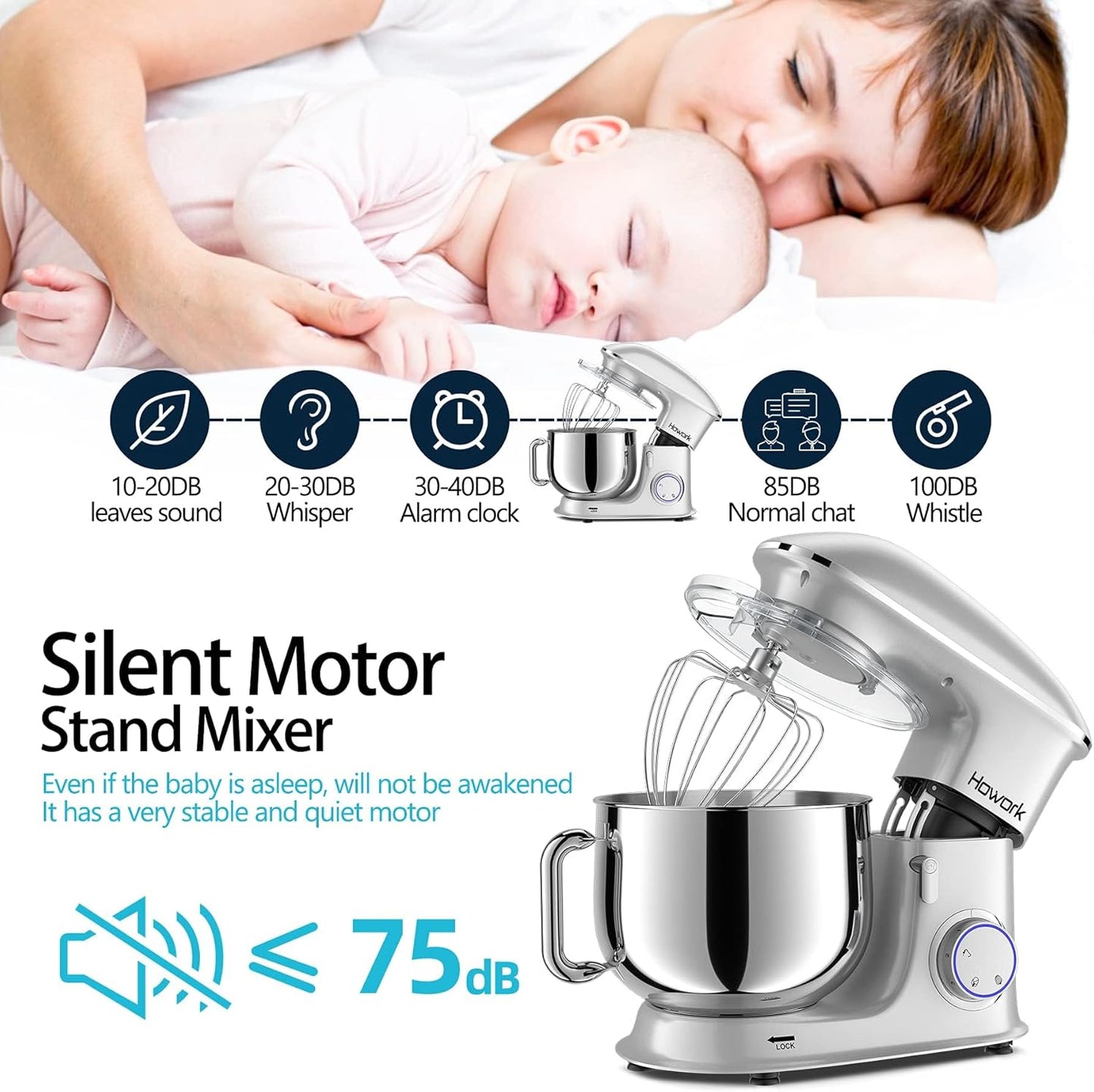 HOWORK 8.5QT Stand Mixer, 660W 6+P Speed Tilt-Head, Electric Kitchen Mixer With Dishwasher-Safe Dough Hook, Beater, Wire Whip & Pouring Shield(8.5 QT, Silver)