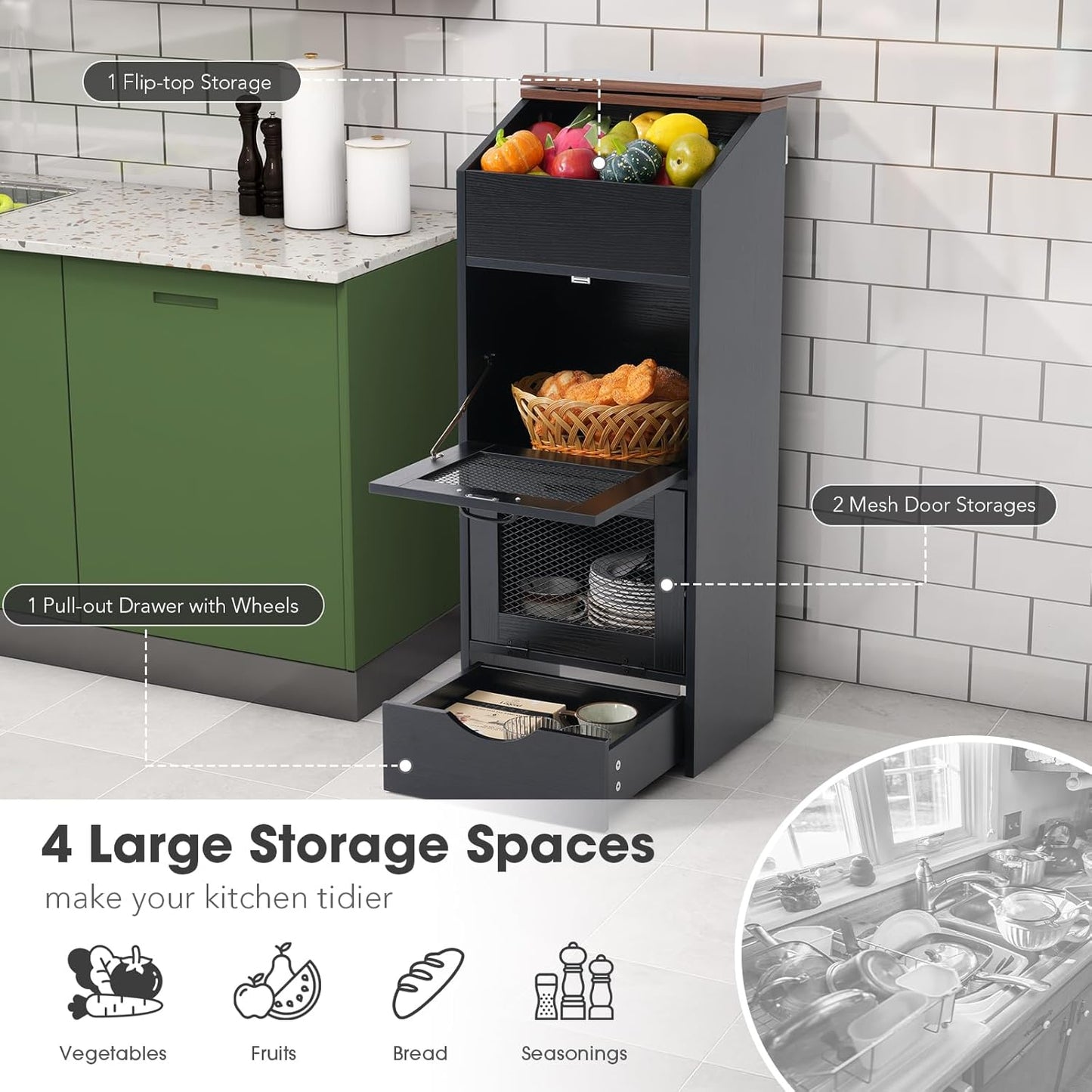 Patiorama Wood Potato and Onion Storage Bin Box with Lid, 4-Tier Farmhouse Wooden Bread Box Cabinet with 2 Mesh Doors & Rolling Drawer, Large Vegetable Storage Bin Organizer for Kitchen Pantry Black