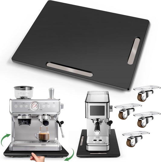 Joy&Grace Appliance Slider for Kitchen Appliances 360° Rolling Sliding Tray for Coffee Maker Countertop, Bamboo Coffee Pot Slider Rolling Tray with Universal Rollers (Black, Large 16"x13")