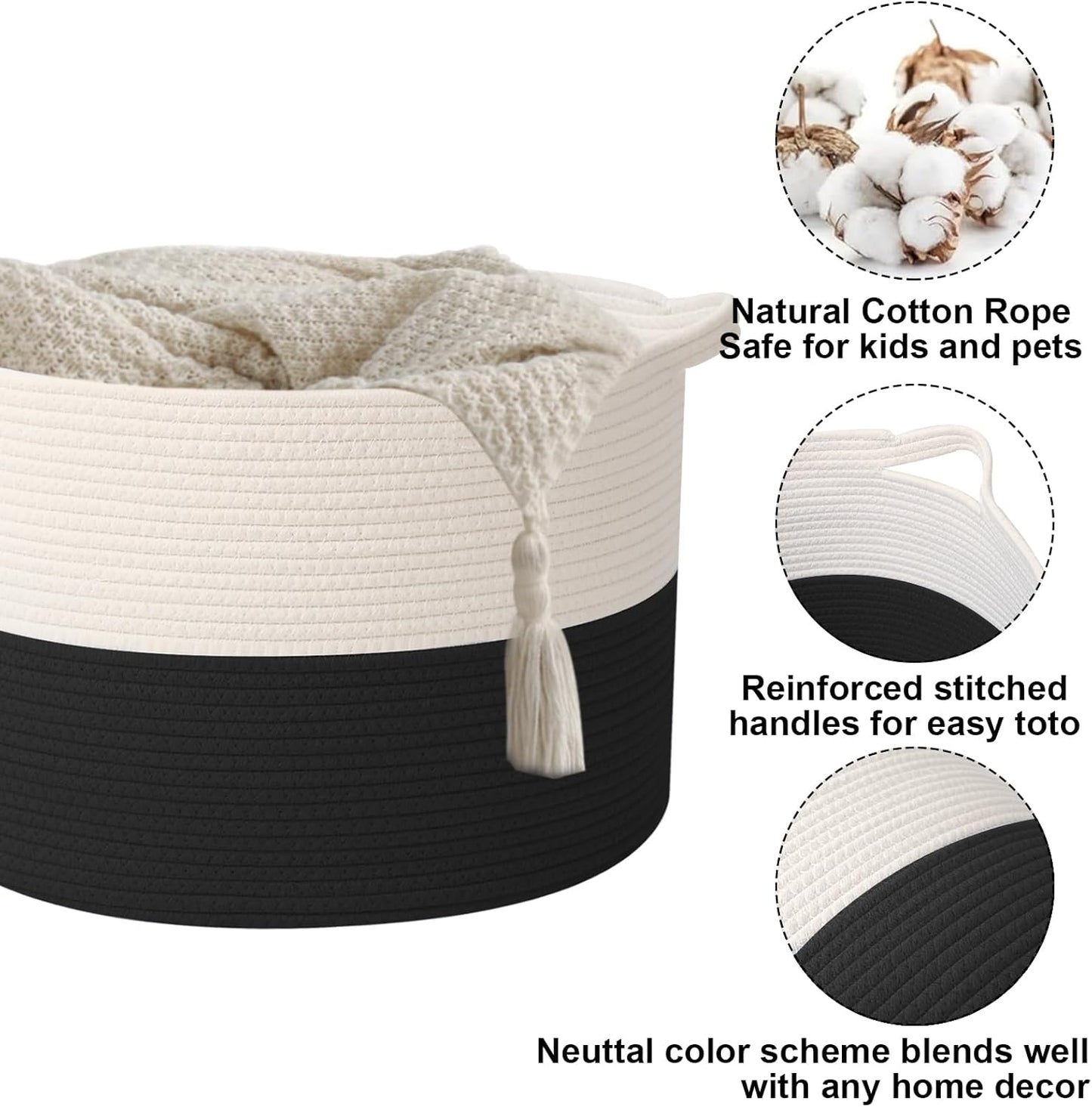 Large Blanket Basket for Organizing,115L Closet Organizers and Storage Bins Box for Shelves Woven Rope Storage Baskets,Living Room,Bedroom,Dorm,Laundry room (White&Black)