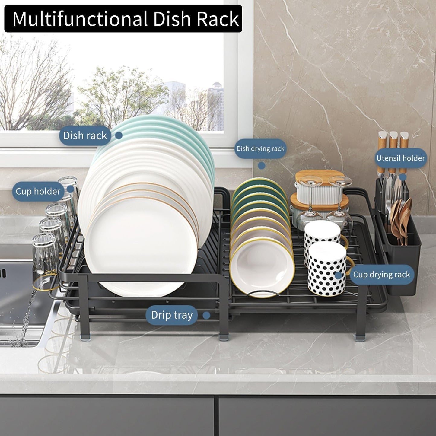 Dish Drying Rack, Dish Racks for Kitchen Counter, Over The Sink Dish Drying Rack, Expandable Dish Drainers with Drain Board Cup Holder and Utensil Holder, Kitchen Organizers and Storage