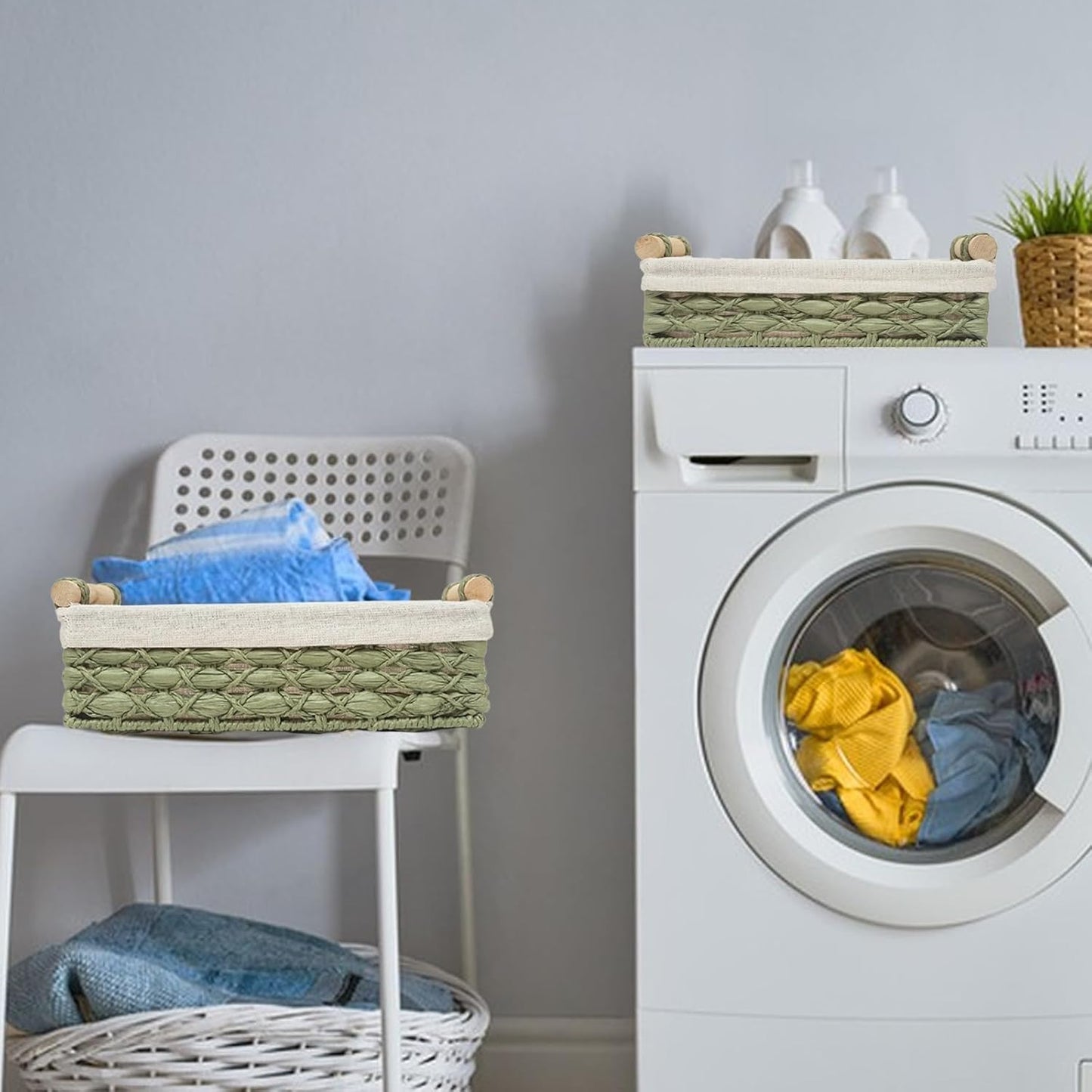 Storage Basket Wicker Baskets for Organizing with Handle Decorative Storage Bins for Countertop Toilet Paper Storage Basket for Toilet Tank Top Small Baskets Set (Set of 2,Green)