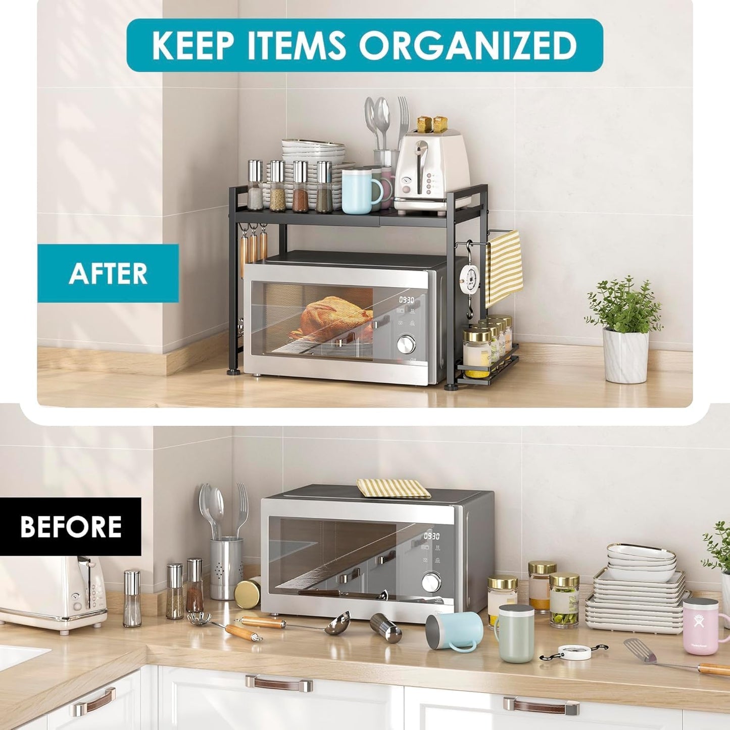 DOLALIKE Microwave Oven Rack, Expandable Microwave Stand Countertop Kitchen Utensils Tableware Storage, Carbon Steel Over Microwave Shelf Countertop with 6 Hooks