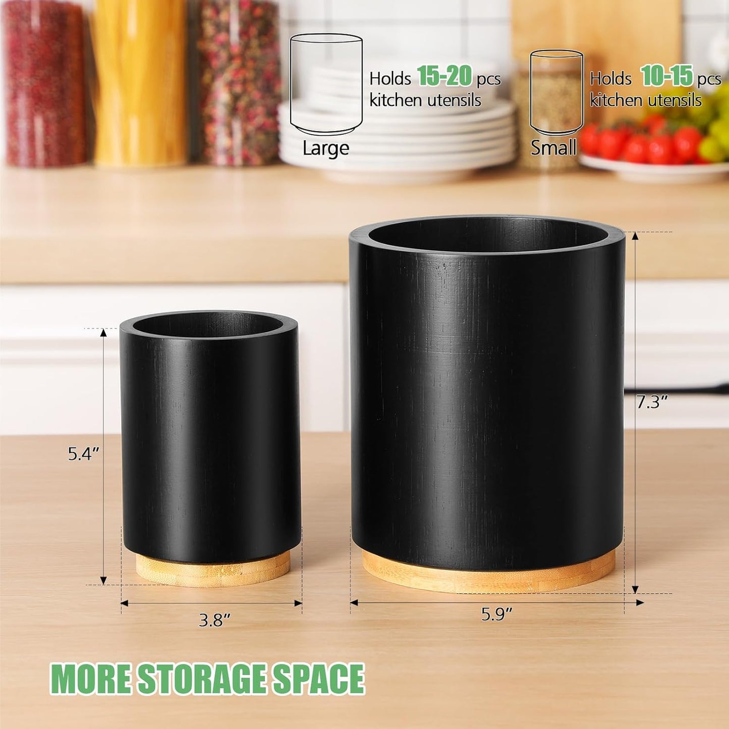 2 Pack Wooden Utensil Holder, 360°Rotating Kitchen Cooking Utensil Crock, Spoon Spatula Holder for Kitchen Counter, Farmhouse Countertop Organizer(Black,Round)