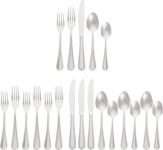 Amazon Basics Silverware Set, Stainless Steel Flatware, Dishwasher Safe, Service for 4, 20-Piece Forks and Spoons, Crown Edge