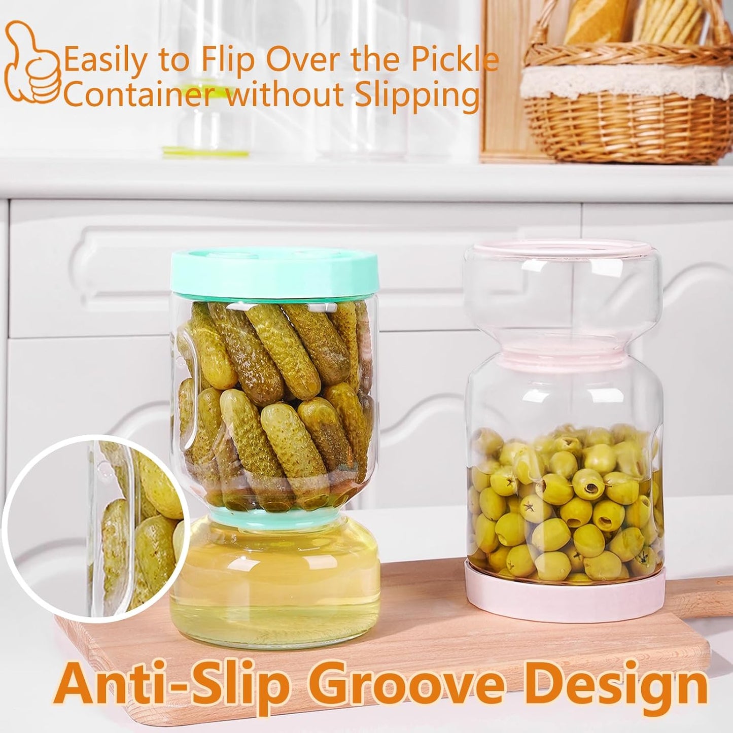 ZENS Pickle Jar with Strainer Flip, 2 Pack 51oz Pickle Container for Olive Juice Separator, Anti-Slip Leakproof Glass Hourglass Jars for Storage Pickles, Jalapeno, Gifts for Mom