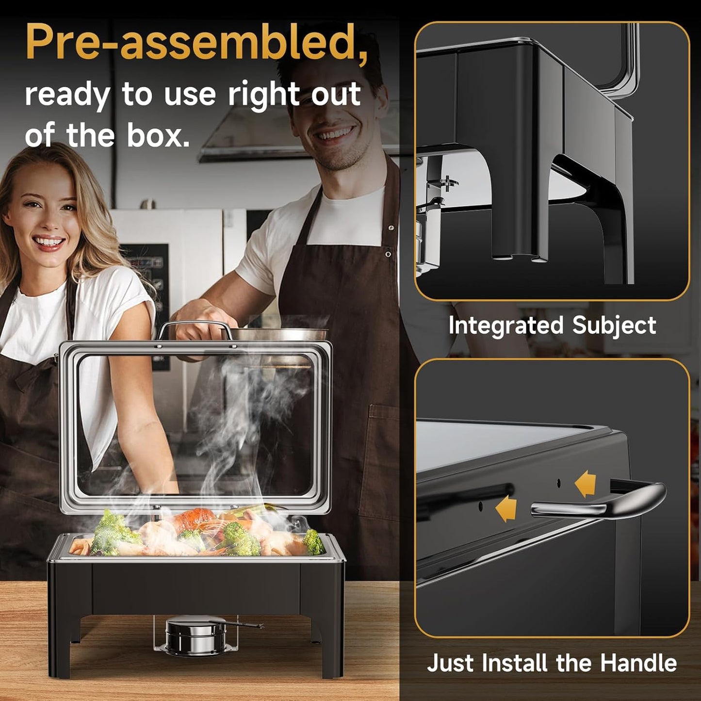 Chafing Dishes for Buffet, 9.5QT Square Stainless Steel Chafing Dish with Transparent Hydraulic Lid, 304 Food Pan, Buffet Warmer for Parties and Events (Black)