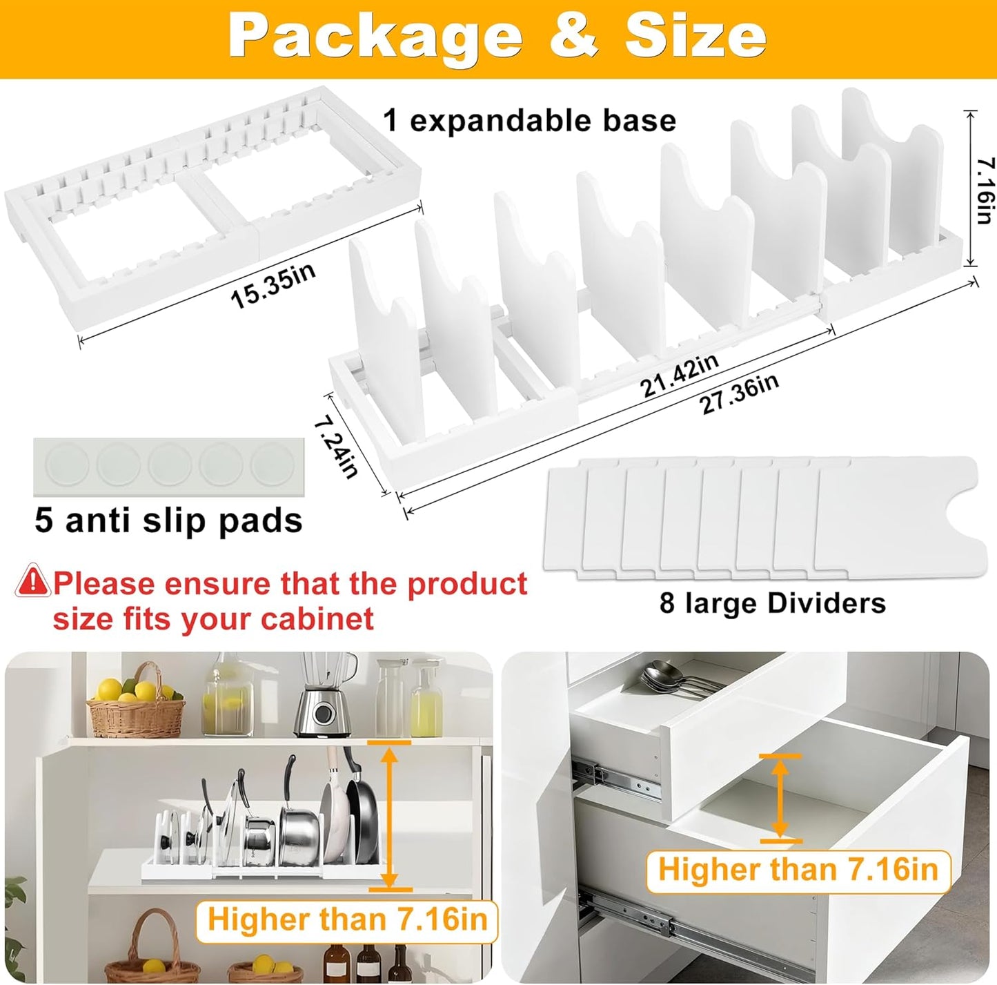 MinBoo Bamboo Expandable Pot Lid Organizer Pot Lid Holder, Pot and Pan Organizer Drawer Organizer for Pot Lids, Adjustable Dividers for Kitchen Cabinet Organizers and Storage,White,Large