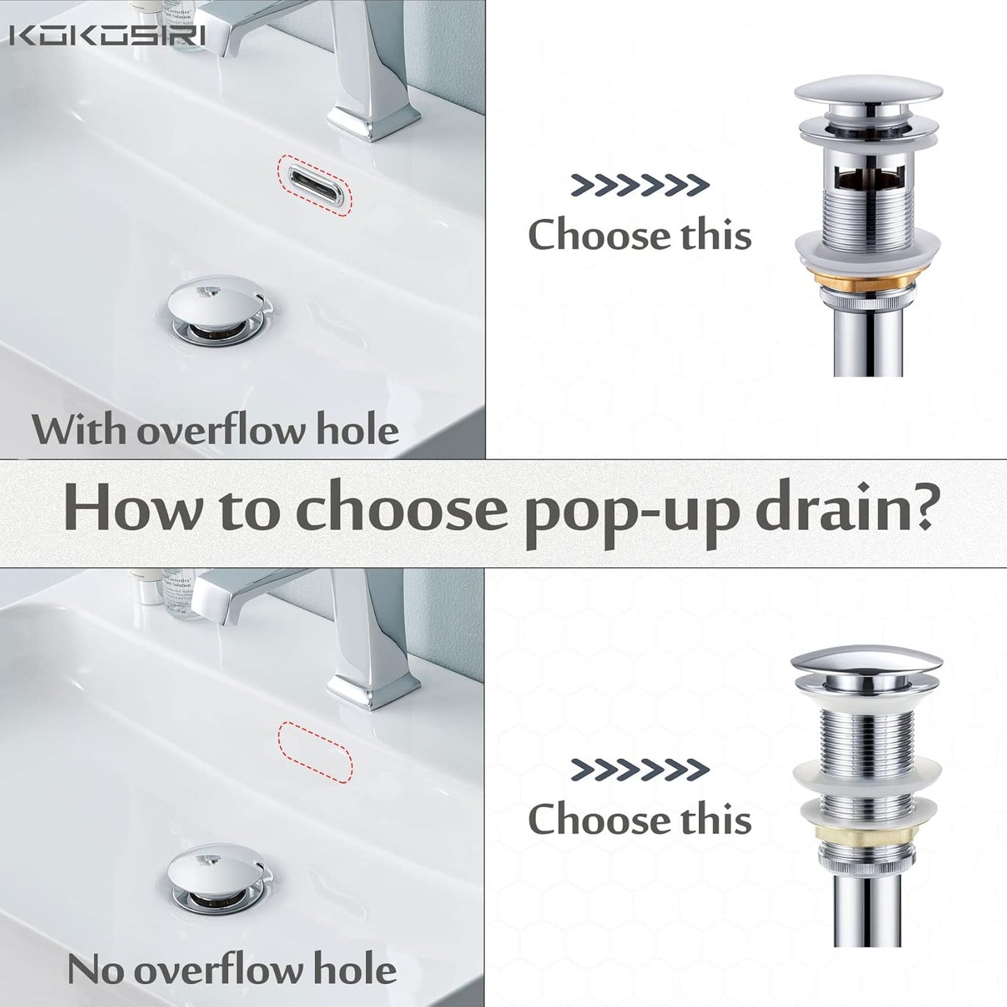 KOKOSIRI Pop Up Sink Drain with Strainer Basket, Polished Chrome Bathroom Sink Drain with Detachable Hair Catcher Anti Clogging for Vanity Vessel Sink Without Overflow, C1002CH