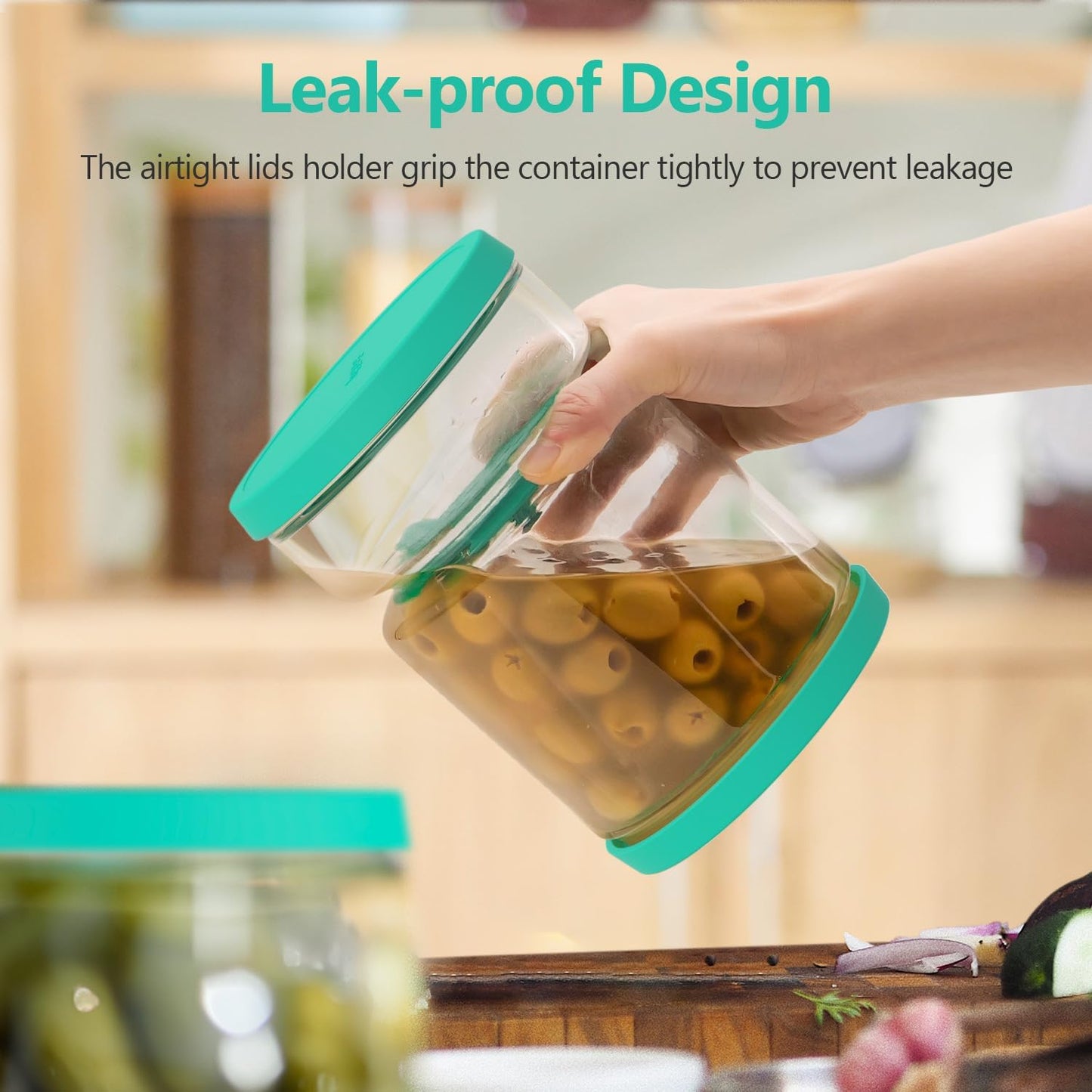 Glass Pickle Jar with Strainer for Pickle Lover - 50 oz Airtight Olive Container with Silicone Lids, Kitchen Organization Must-Have Versatile Hourglass Jar, BPA-Free, Dishwasher Safe (Green)