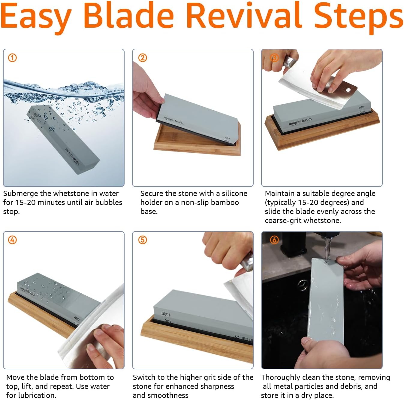 Amazon Basics Whetstone Knife Sharpening Wet Stone Dual Sided 400/1000 and 3000/8000 Grit Stones, Flattening Stone, and Non-Slip, Bamboo Base, 3 Count (Pack of 1), Black & Grey