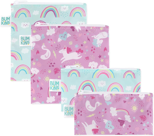 Bumkins - Cloth Snack & Sandwich Bags - For Storage, Travel, Food Prep, Lunch - Reusable, Water Resistant, Washable, Dishwasher Safe - Snack Bags for Kids - Zipper Closure -Unicorns & Rainbows -4 Pack
