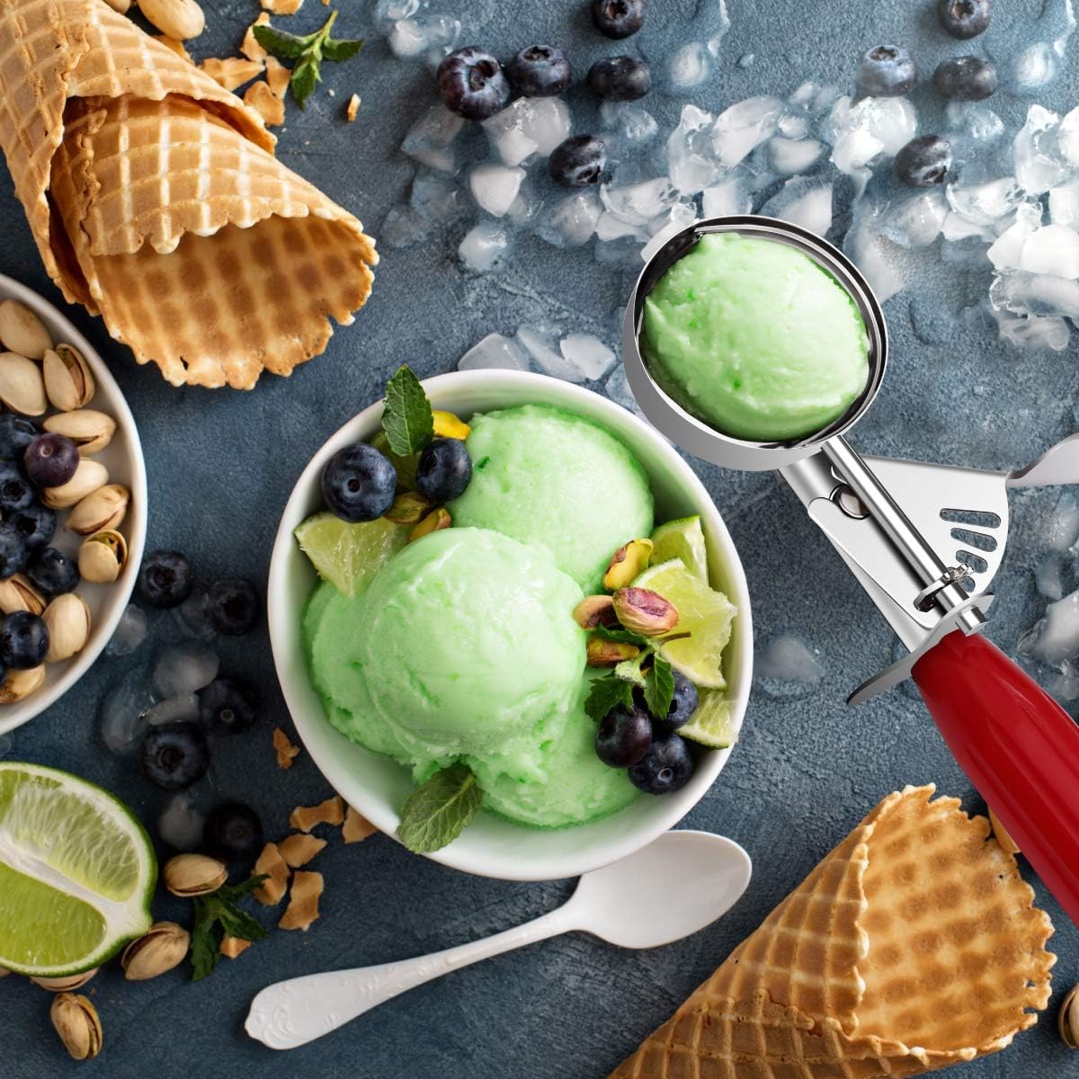 Commercial-Grade Ice Cream Scooper 1.33 oz, 18/8 Stainless Steel Cookie Scoop with Plastic Handle, Portion Control Disher Scoop for Bakeries, Restaurants & Dessert Shops, #24, Red