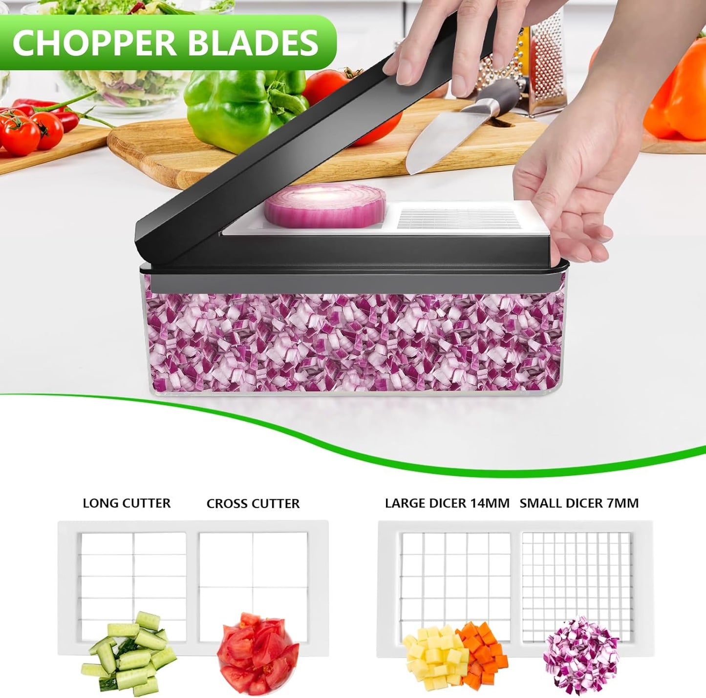 Vegetable Chopper, Onion Chopper Dicer, Mandoline Slicer, Food Chopper with Container, Vegetable Cutter for Salad Potato Carrot Garlic（10 Blades, Black White）