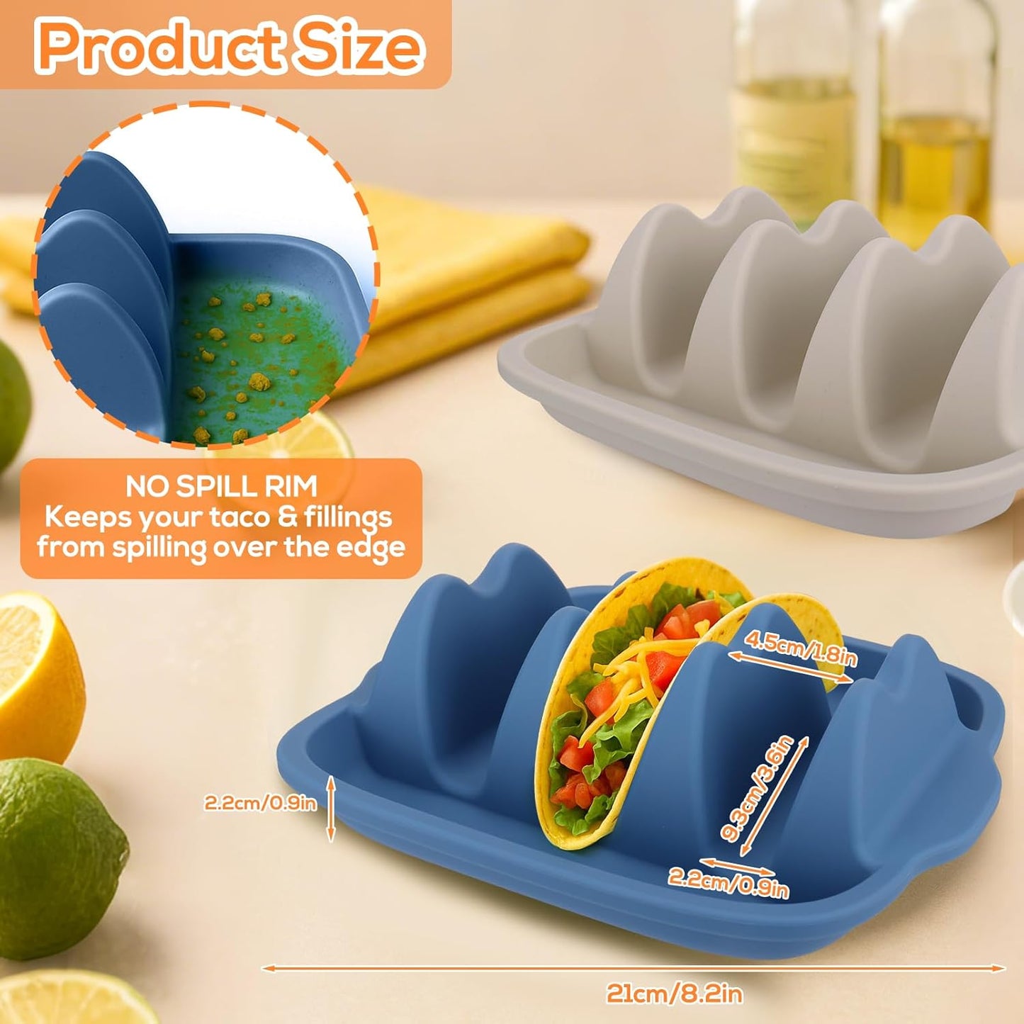 Silicone Taco Holders Set of 2 - Reusable Taco Stand with Dividers for Hard/Soft Shells, Microwave & Dishwasher Safe, Non-Slip Taco Serving Plates for Taco Tuesday, Party, Fiesta（white + navy）
