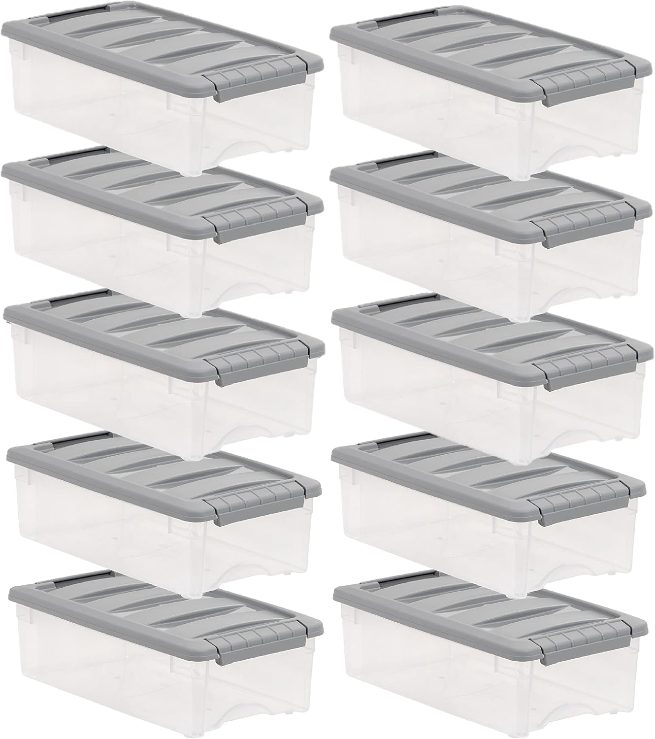 Amazon Basics Plastic Storage Containers with Secure Latching Lids, Stackable Organization Bins, Clear/Grey, 5 Quart, Set of 10