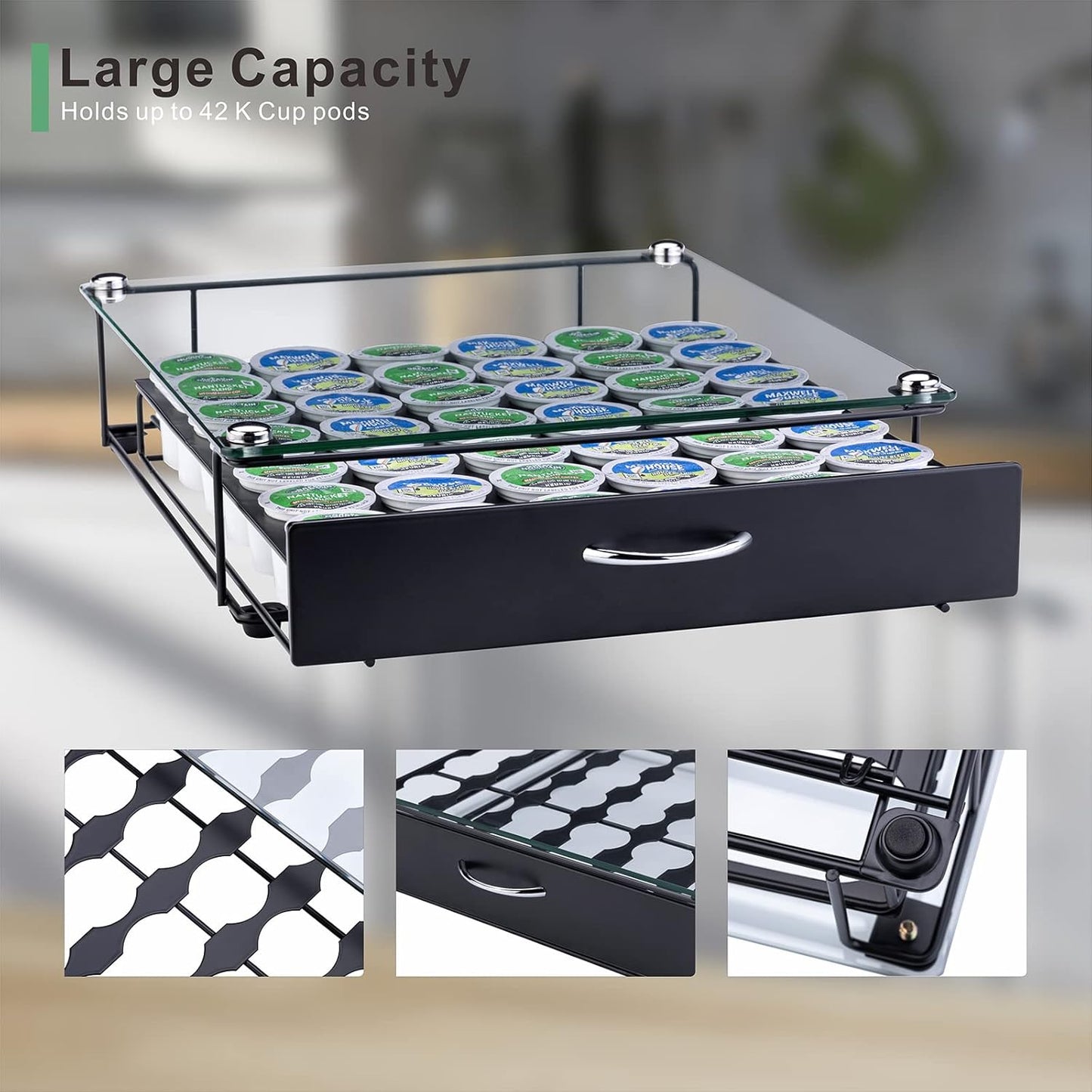 Rice rat Coffee Pod Holder for Keurig Pods Glass Top Drawer,K cup Holder Capsule Display Storage compatibility 42 k-cup(Black)