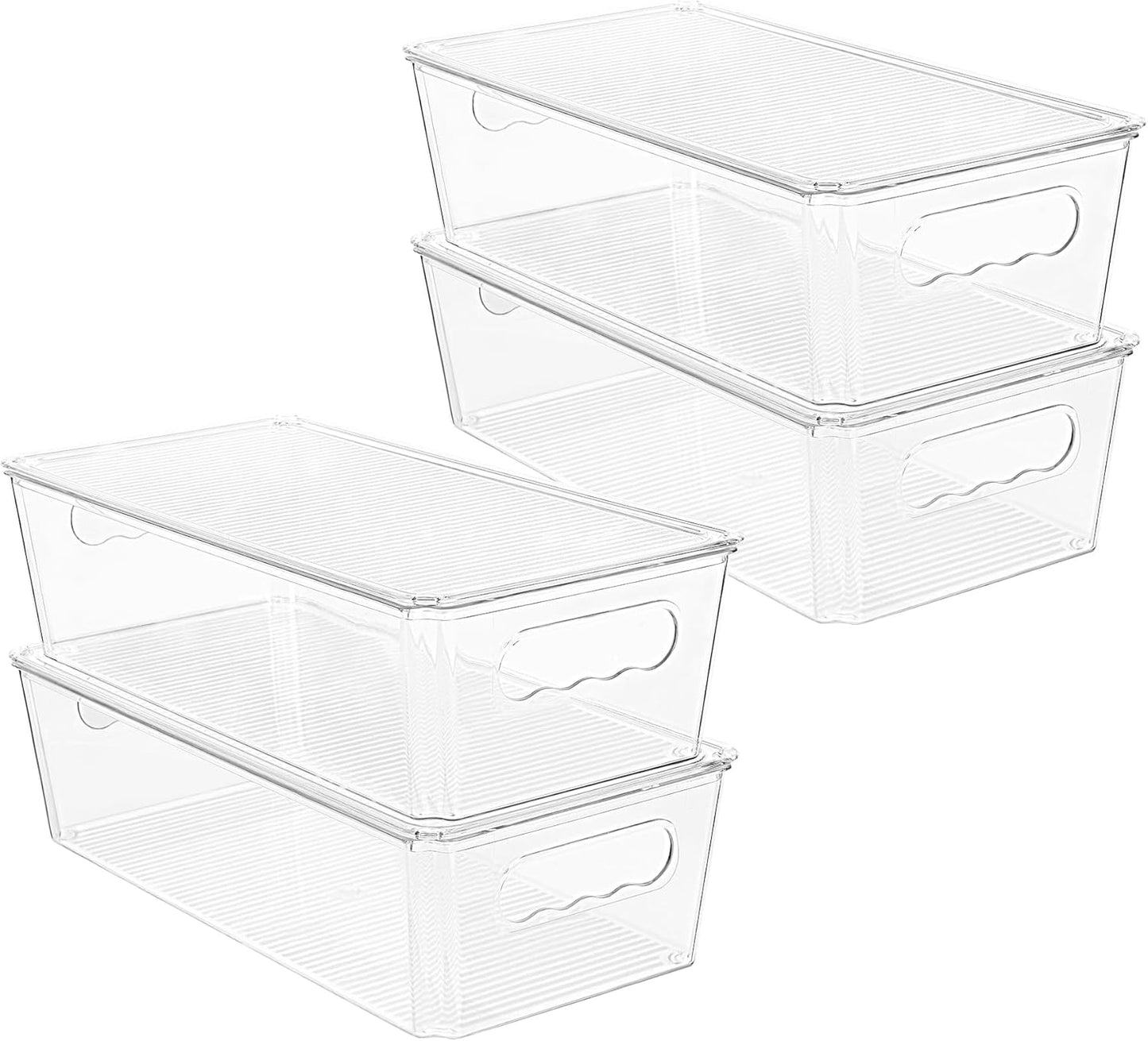 Vtopmart 4pcs Clear Organizers and Storage Bins with Lids, Stackable Plastic Storage Containers with Handles for Fridge, Freezer, Pantry, Cabinet, Kitchen Organization