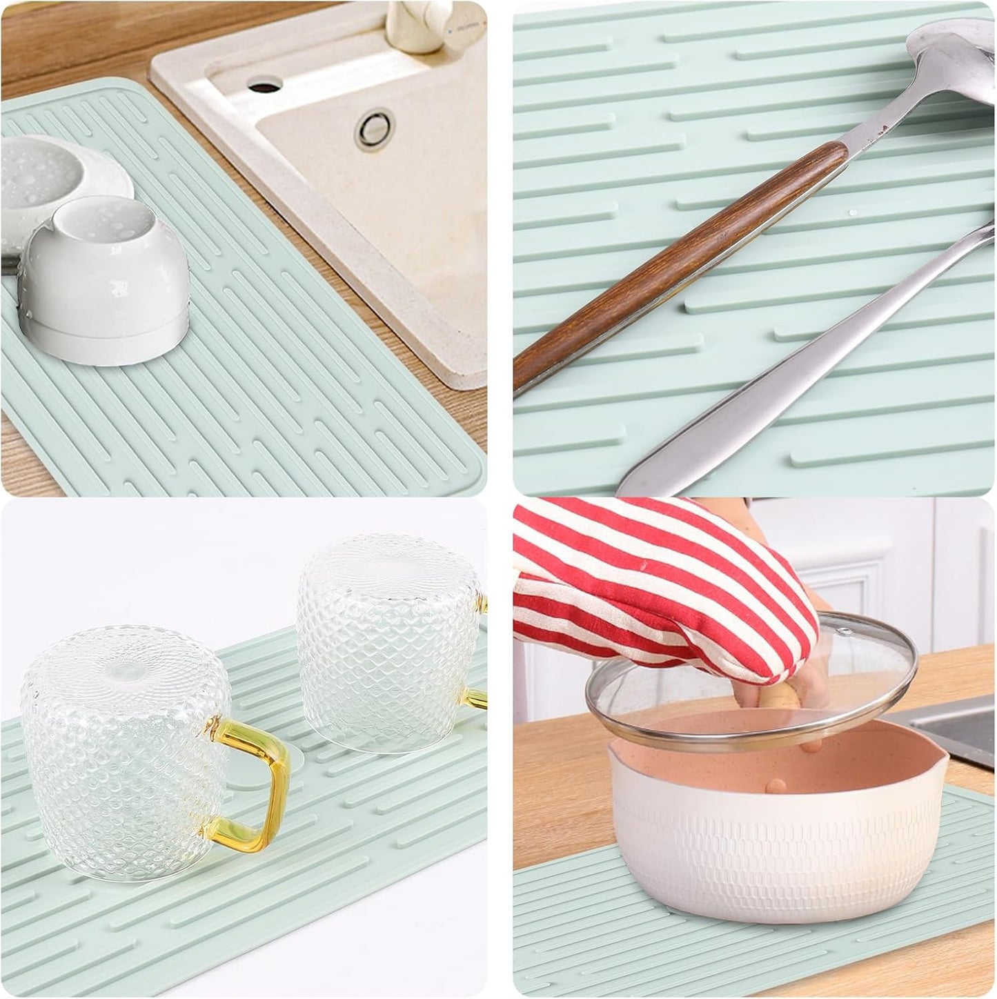 Dish Mat Silicone Dish Drying Mats Works For Drying Stemware Cocktail Glasses Silverware Pots Pans Knives and Dish Rack for Kitchen Counter Sink Bar Pads Easy to Clean (GD-LSD-01-green)