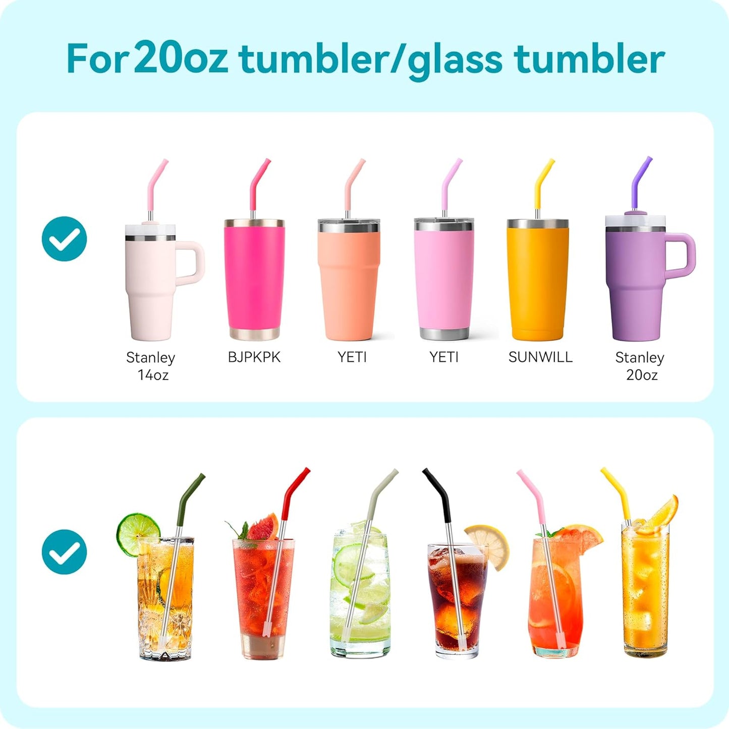 20 oz Straight Metal Straws with Silicone Tip for 20 oz Tumbler, Stainless Steel Reusable Drinking Metal Straw for YETI, STANLEY, US Acrylio, BJPKPK, Simple Modern and so on