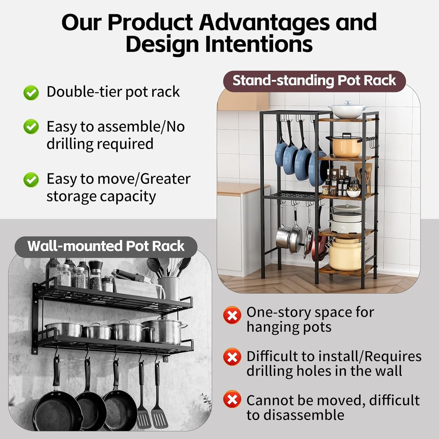 5-Tier Pot and Pan Organizer Rack with Hooks, Heavy-Duty Kitchen Storage Shelf for Cookware, Dishes, and Utensils, Freestanding Metal Pot Rack Organizer for Kitchen, Pantry, or Dining Room