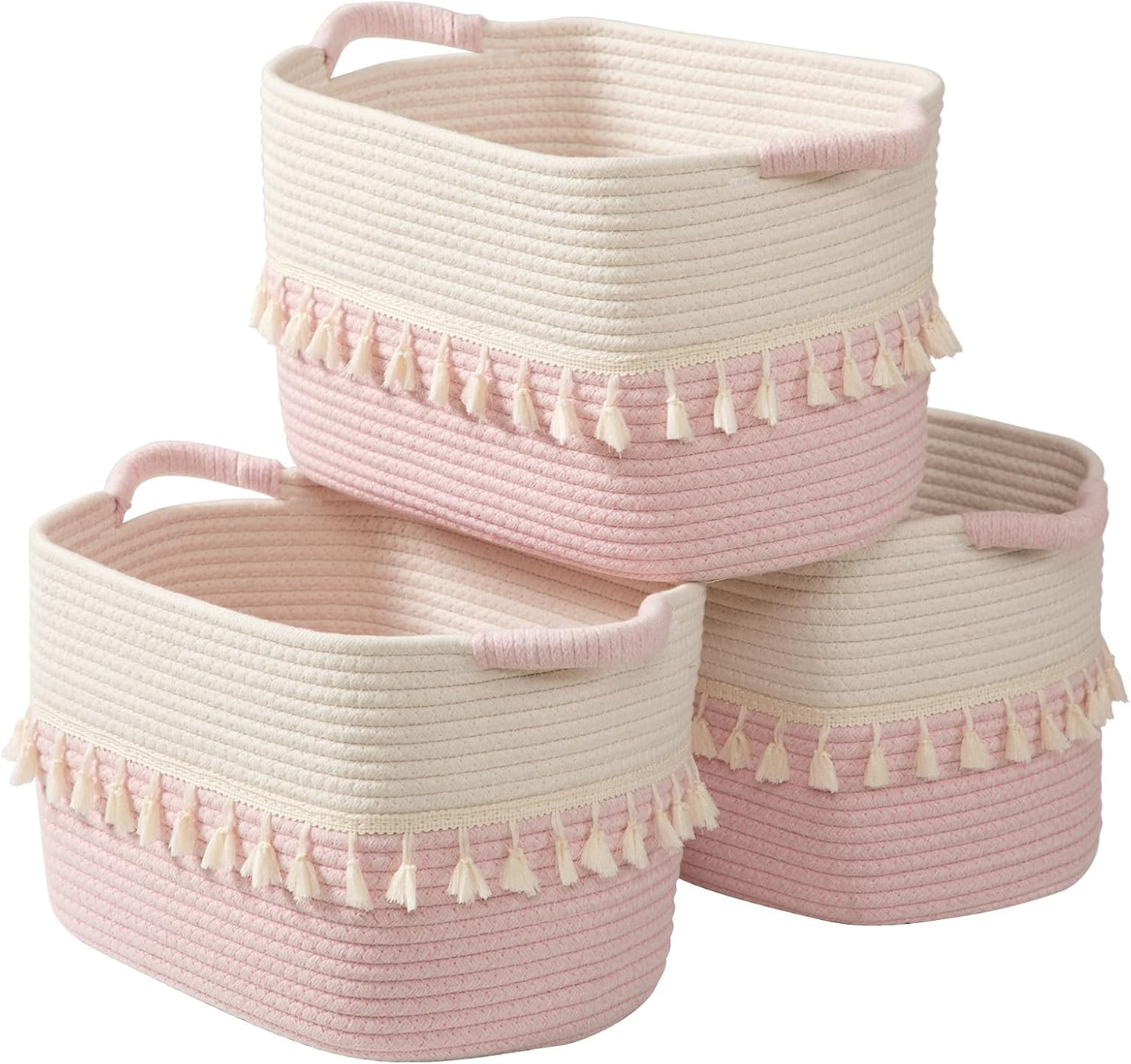 TeoKJ Storage Baskets 3 Packs, Storage Basket for toys,Towel, Storage Bins, Woven Basket for Shelves Bedroom Laundry Nursery, White & Pink