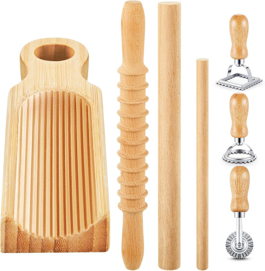 Tioncy 7 Pcs Gnocchi Pasta Making Tool, Wood Gnocchi Board with Ravioli Stamp and Rolling Pin Set Homemade Kitchen Gift for Baking Lovers(Curve Style)