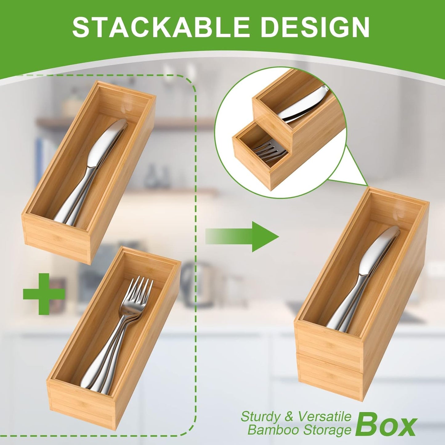 Bamboo Drawer Organizer – Set of 2 Stackable Storage Boxes, Silverware Tray & Small Gadget Holder for Kitchen Drawers, 9" x 3" x 2" (Outer), 8.3" x 2.3" x 1.77" (Inner)