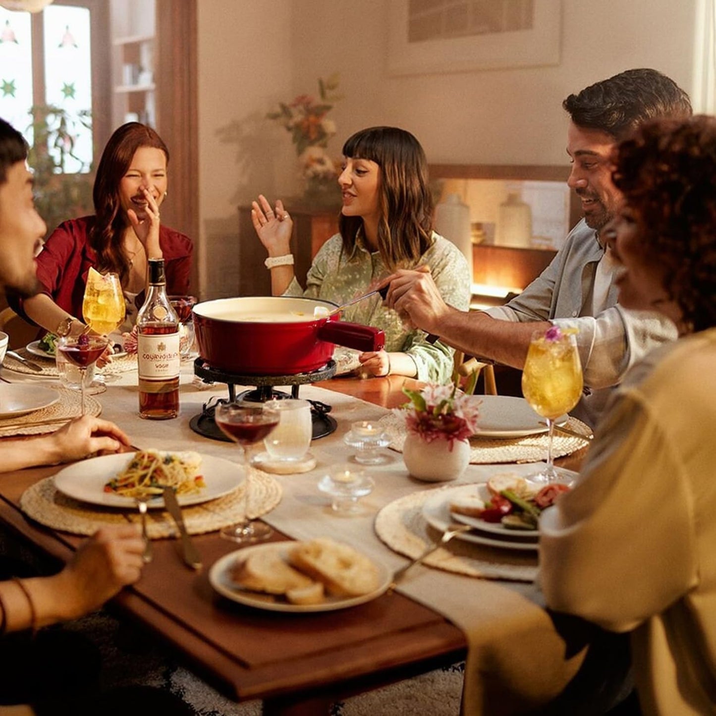 Artestia Cast Iron Swiss Fondue Set – Swiss Traditional 2L Cheese & Chocolate Fondue Pot for 4-6 People – Ideal for Melting Cheese, Chocolates, Caramel, & More, Red